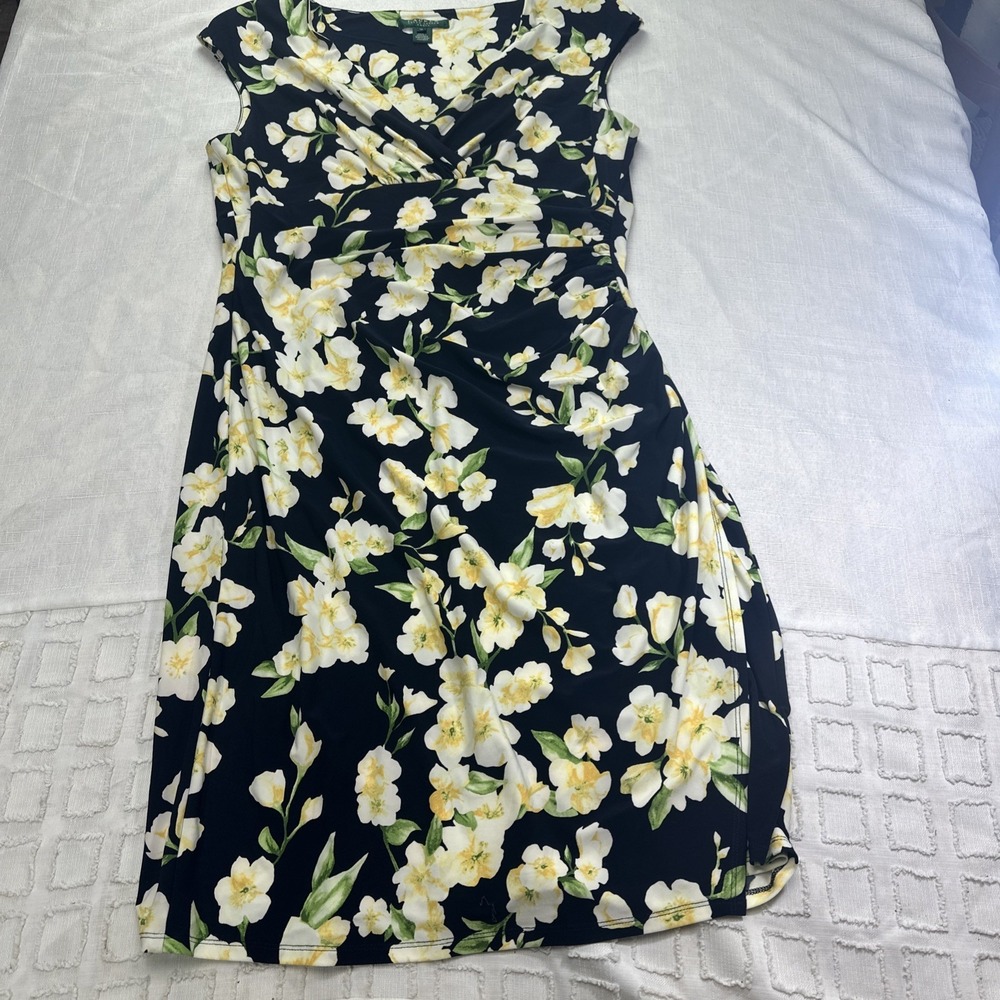 Lauren Ralph Lauren Navy Blue Yellow Floral Faux Wrap Sheath Dress 14 Cap Sleeve